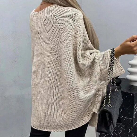 Khaki Casual Women's Solid Color Batwing Sleeve Round Neck Knit Sweater - Picture 2 of 5